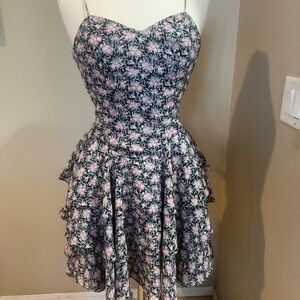 🌸Pink Floral ruffle mini dress fit-& flare spaghetti  straps SZM🌸